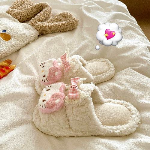 软甜kt猫~！暖呼呼蝴蝶结ins居家保暖棉拖鞋女冬季防滑毛毛拖鞋潮