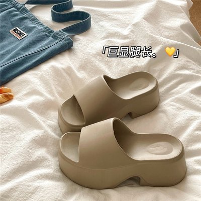 显白水泥灰~！坡跟6cm厚底增高外穿凉拖鞋女夏季沙滩防滑一字拖鞋