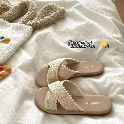 椰林海滩~！编织ins慵懒度假风交叉凉拖鞋女夏季法式外穿透气拖鞋