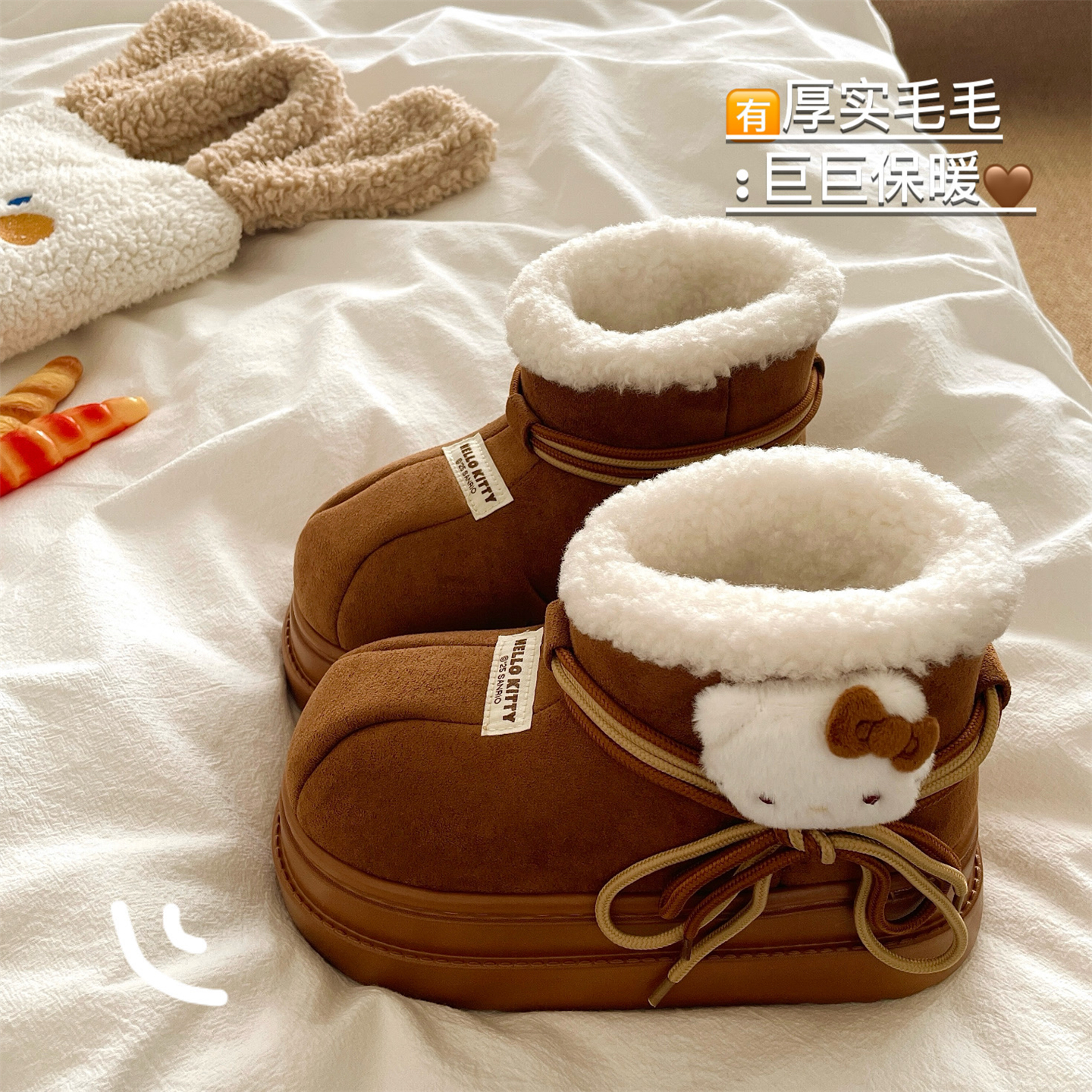 生巧棕kt猫~!显白加厚保暖雪地靴女ins中筒外穿厚底防滑包跟棉鞋