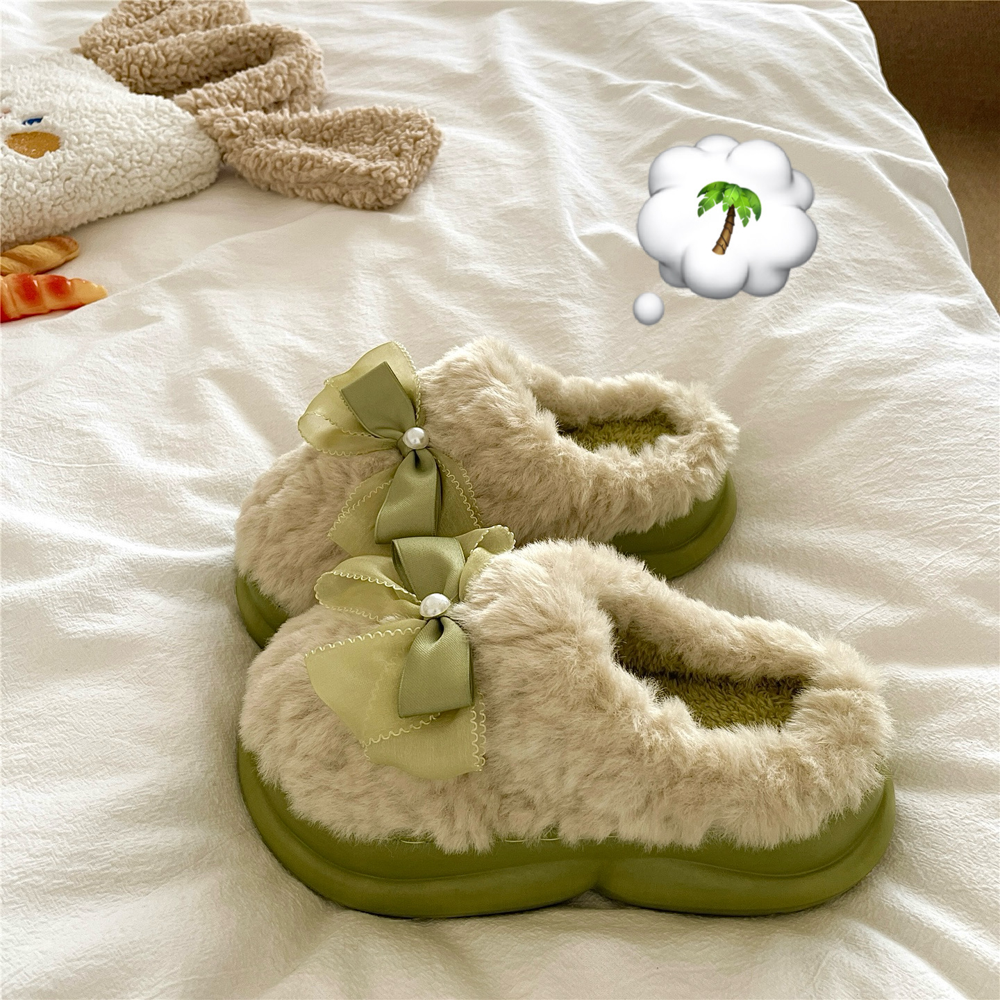 绿野仙踪~！甜美ins蝴蝶结冬季棉拖鞋女居家厚底增高加绒毛毛拖鞋