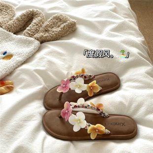 潮 ins防滑外穿平底凉拖鞋 秘密花园 浪漫度假风花朵人字拖女夏季