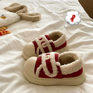 显白新年红~！巨暖ins可爱包跟保暖毛毛棉鞋女外穿厚底冬季棉拖鞋