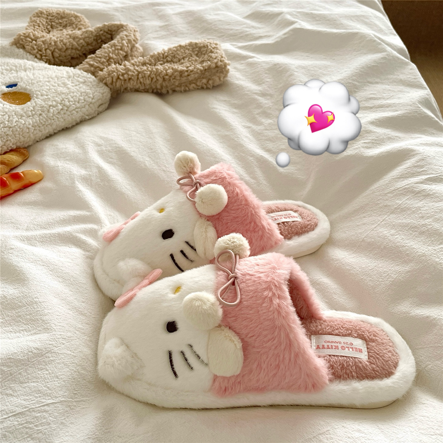 奶芙毛球kt猫~！软萌ins可爱居家棉拖鞋女加绒保暖冬季毛毛拖鞋潮