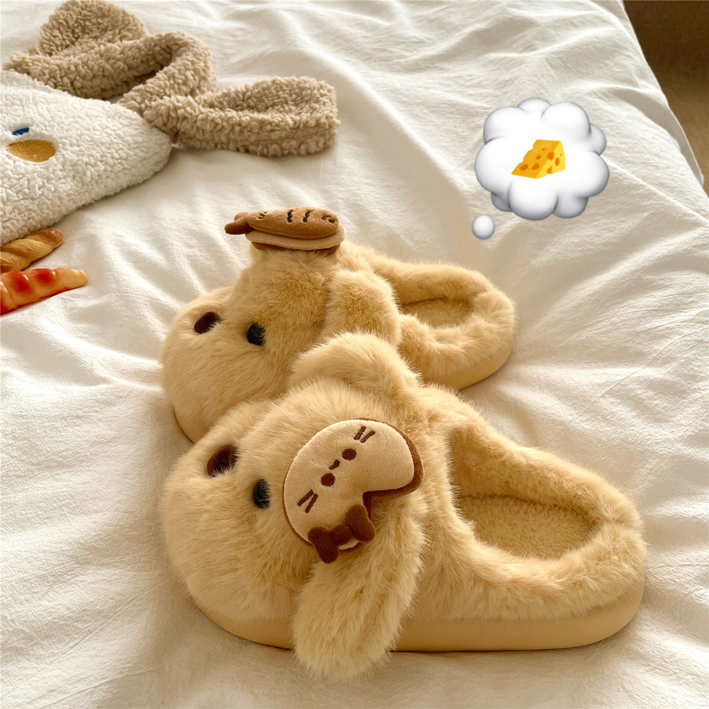 黄油薄饼小狗~！diy可爱卡通毛毛拖鞋女冬季居家厚底加绒棉拖鞋潮
