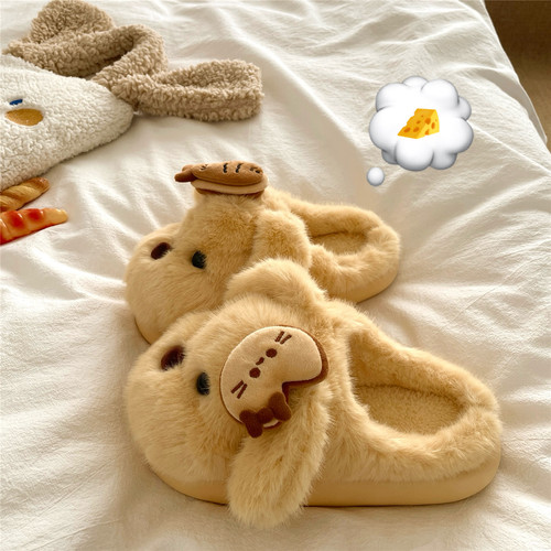 黄油薄饼小狗~！diy可爱卡通毛毛拖鞋女冬季居家厚底加绒棉拖鞋潮