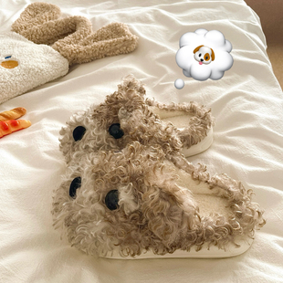 卷毛潦草小狗~！敲可爱ins软萌包头棉拖鞋女居家保暖加绒毛毛拖鞋