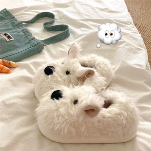 ins加绒保暖毛毛棉拖鞋 女冬季 暖fufu可爱包跟雪地棉鞋 奶凶小狗