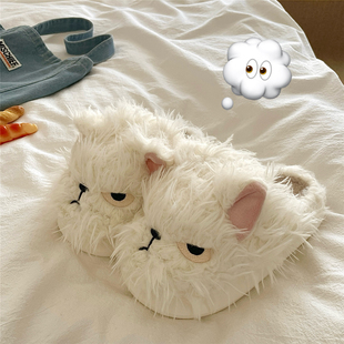 女居家厚底加绒保暖毛毛拖鞋 小猫气呼呼 奶凶潦草可爱ins棉拖鞋