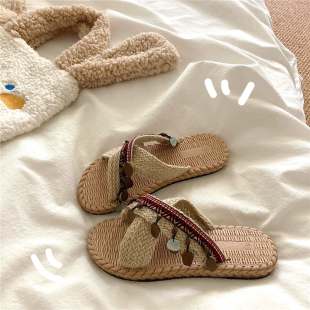 贝壳风铃~！海边度假沙滩拖鞋女外穿夏季编织透气防滑一字凉拖鞋