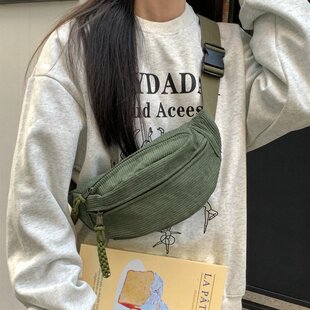 跨境腰包女秋冬季新款条绒休闲女士多用斜挎包百搭少女户外手机包