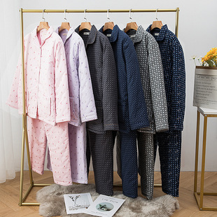 冬季加厚夹棉棉衣棉裤家居服里外全棉长袖长裤简约印花对襟棉袄