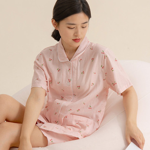 睡衣柔软透气纯棉双层纱布宽松开衫 夏季 薄款 女士短袖 家居服 短裤