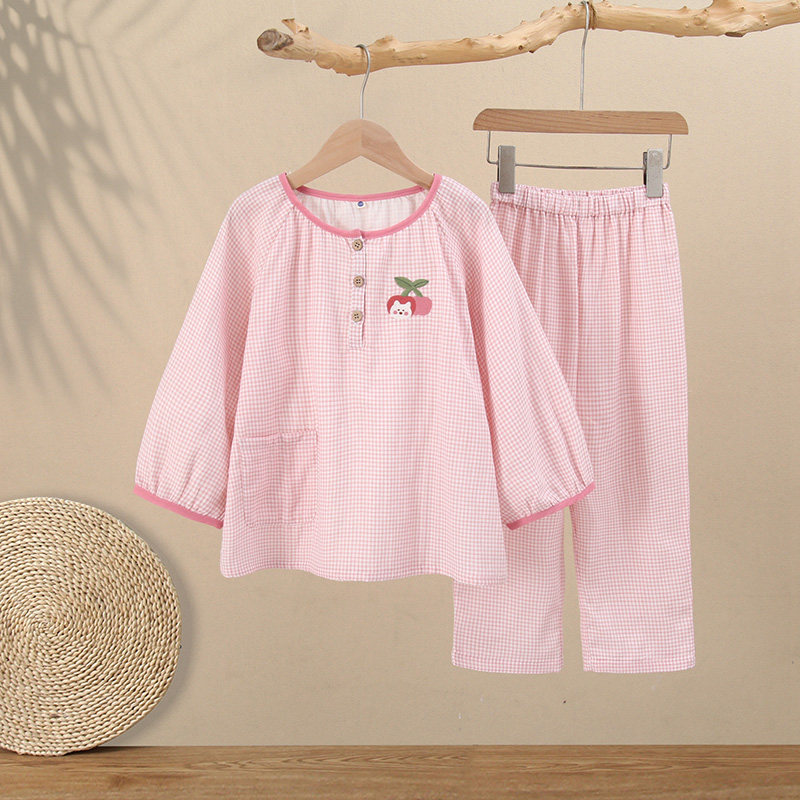 2025春夏新款儿童纯棉双层纱布睡衣可爱卡通男女孩长袖长裤家居服