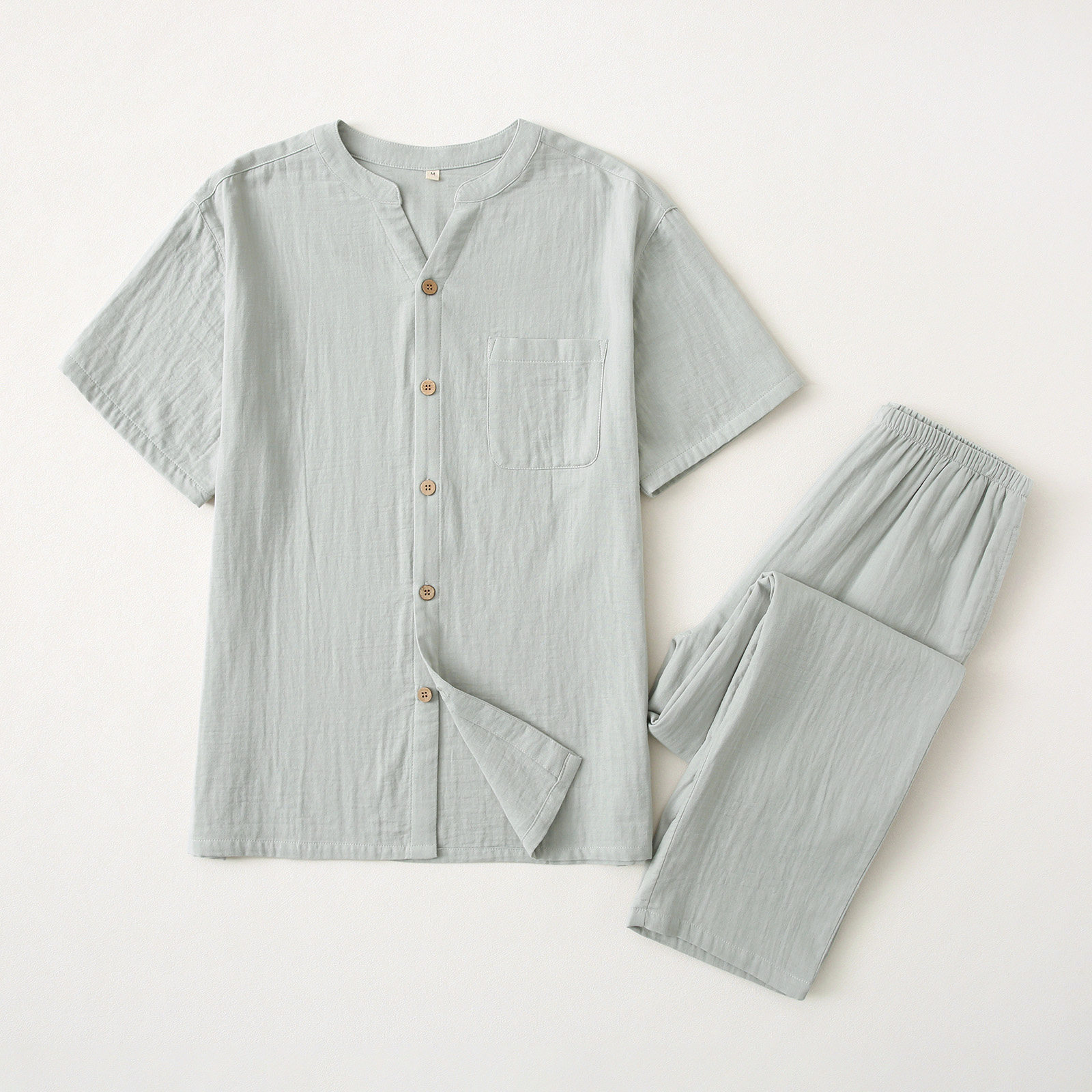 男士全棉双层纱布日系简约短袖睡衣套装家居服纯色V领开衫有裤袋