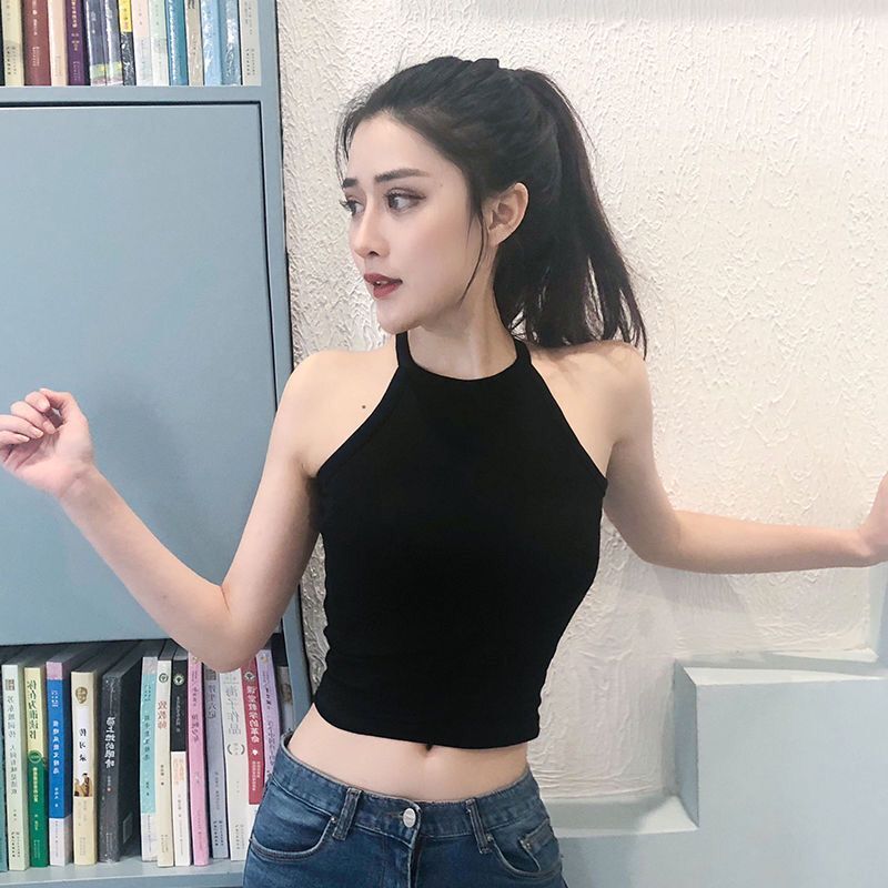黑色吊带背心女外穿抹胸挂脖上衣紧身胸垫内搭性感短款露脐打底潮
