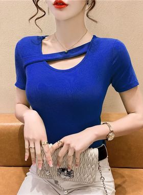 宝蓝色t恤女设计感小众短袖2023新款夏季半袖紧身镂空性感上衣女