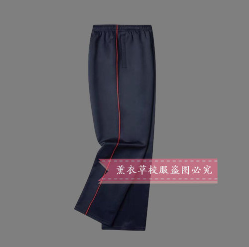 初高中小学生休闲运动男女运动裤藏青色拼接红色细条裤子
