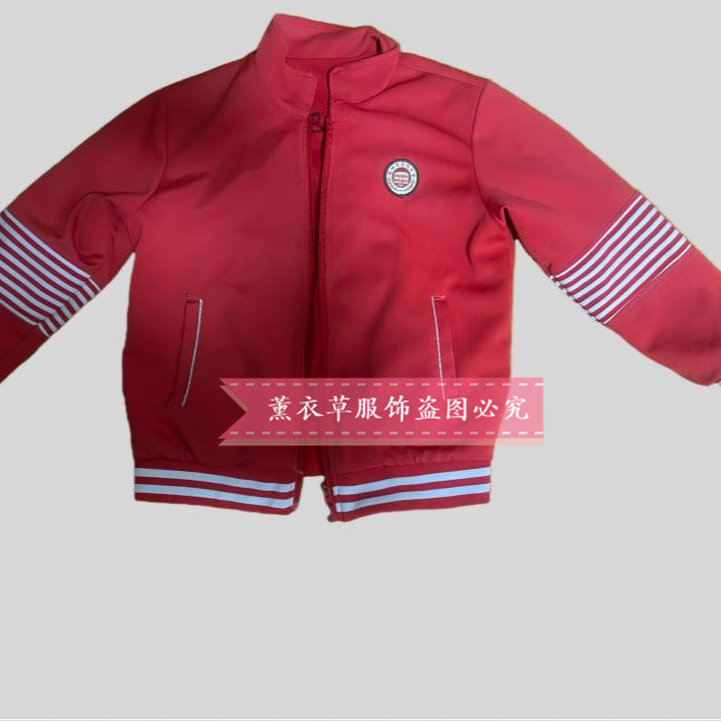 定制福州麦小学大红色拼接白色杠条校服外套宽松上衣校服外套