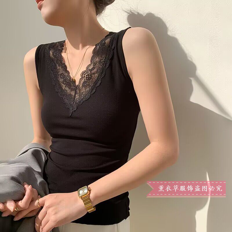 莫代尔春夏新款V领蕾丝吊带背心女大码修身内搭外出打底无袖上衣