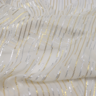 白色底竖金银条纹乔其纱真丝织金汉服旗袍连衣裙桑蚕丝服装布料