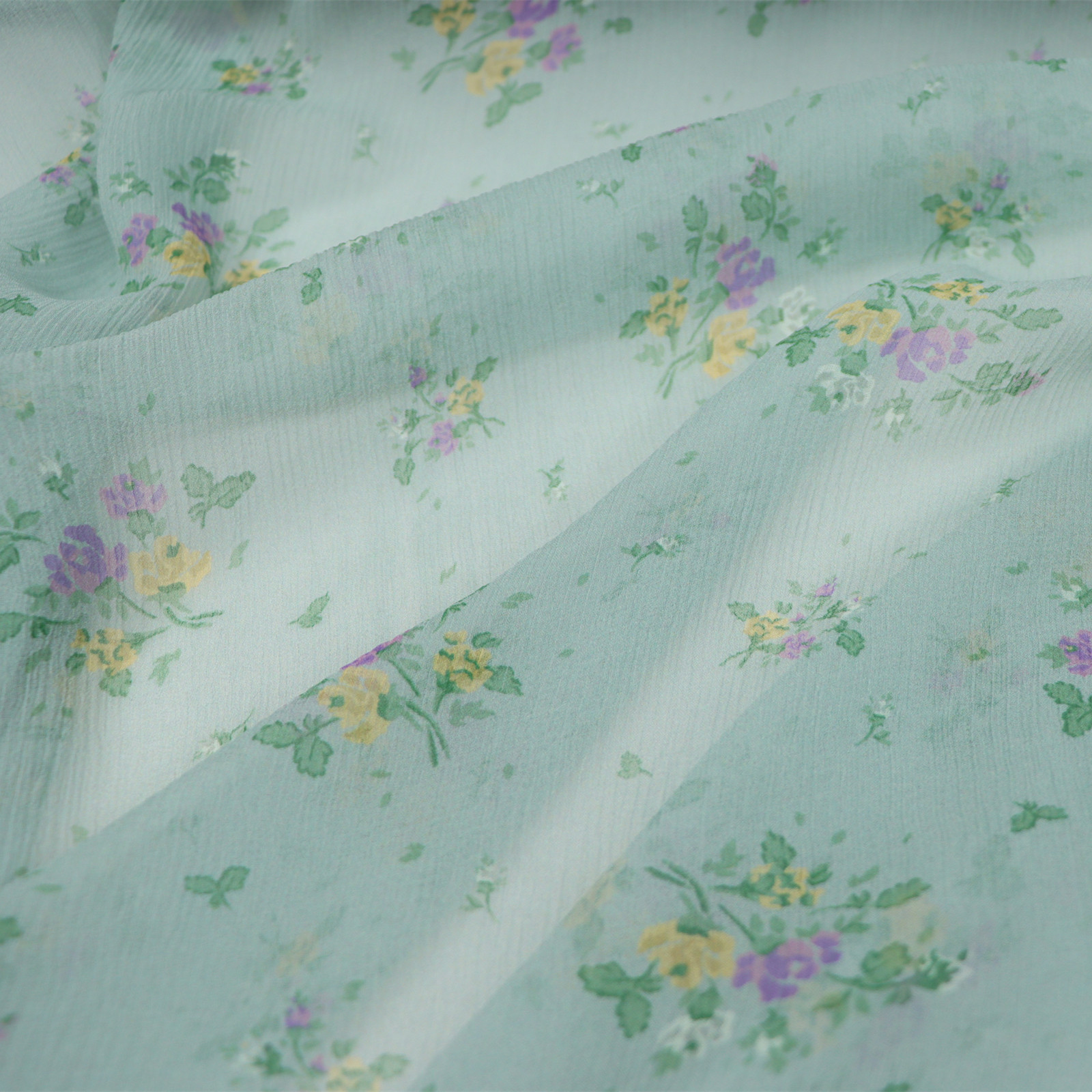 宽幅绿底小碎花真丝顺纡纱汉服旗袍衬衫连衣裙桑蚕丝服装布料面料图片