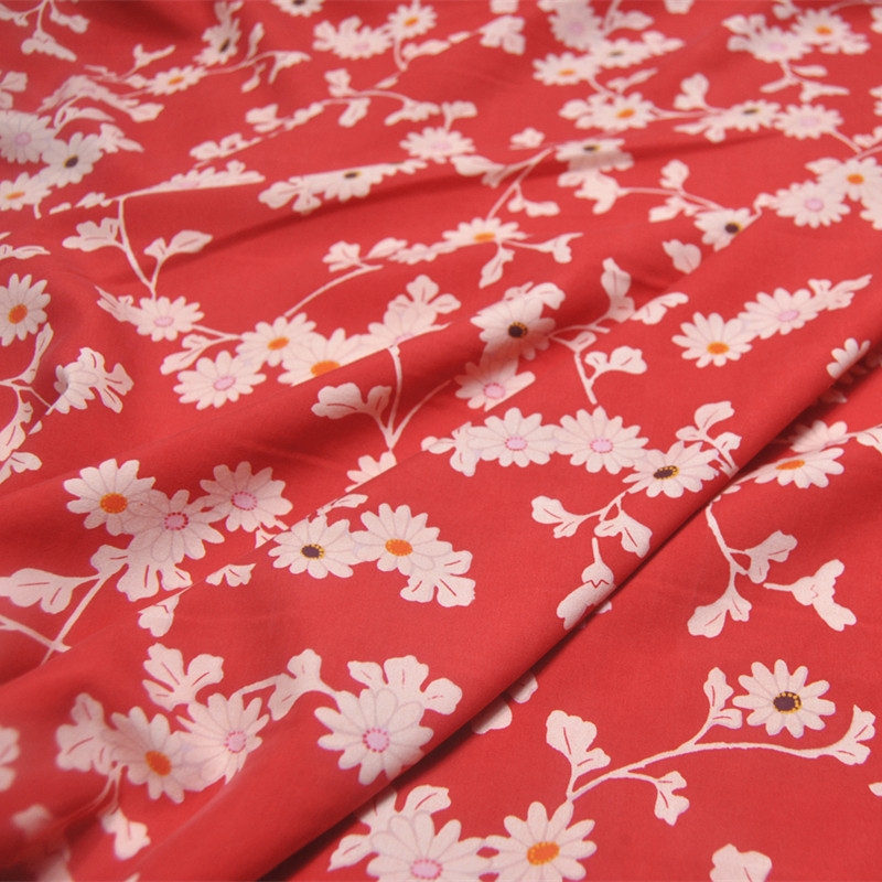 轻砂洗14姆米红色菊花真丝绢丝绢纺连衣裙桑蚕丝旗袍服装布料面料