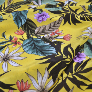 宽幅黄底字母五彩花朵真丝双绉旗袍连衣裙衬衫 布料面料 桑蚕丝服装