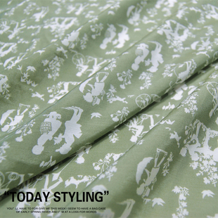 宽幅绿色白色花纹真丝丝棉连衣裙衬衫桑蚕丝服装布料面料