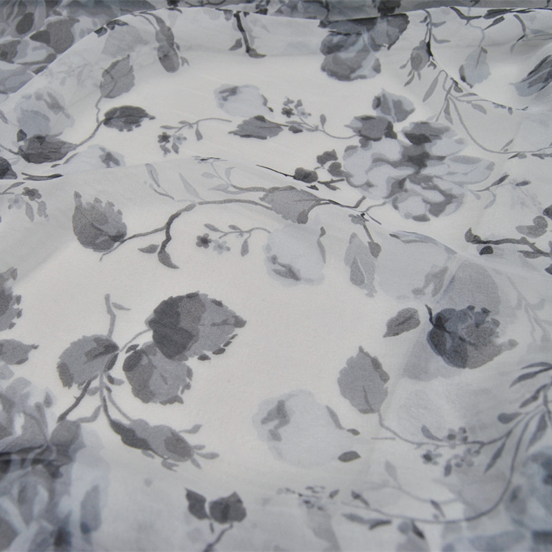 宽幅白底水墨花朵真丝乔其纱连衣裙衬衫桑蚕丝服装布料面料