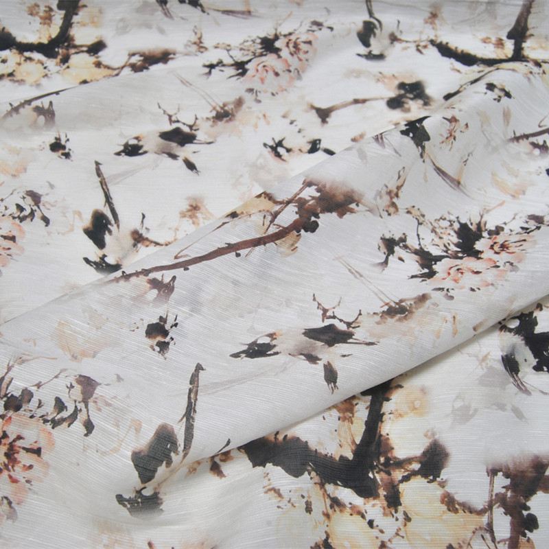 宽幅白底素雅鸟树枝真丝丝麻连衣裙半身裙旗袍桑蚕丝服装布料面料