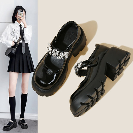 厚底玛丽珍鞋女2025新款春秋水钻百搭增高小皮鞋英伦风粗跟jk单鞋
