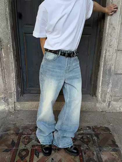 Fateegg American Retro Bamboo Stripe Vertical Striped Jeans Light Blue Loose Straight Casual Long Pants for Men