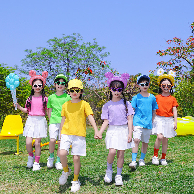 儿童七彩色表演服装幼儿园演出糖果色啦啦队舞蹈服小学生短袖t恤