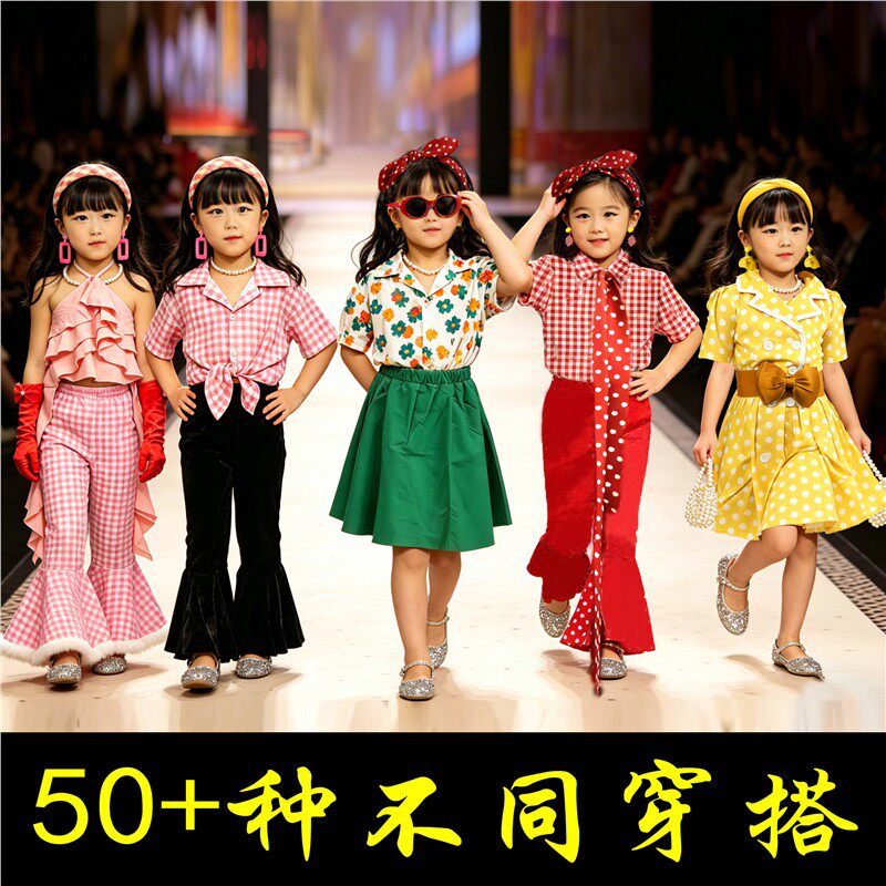 幼儿园8090年代怀旧t台模特走秀复古港风儿童表演出服装女孩套装