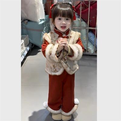 中式汉服加厚加绒宝宝套装新年儿童2025冬季新款拜年女童服两件套