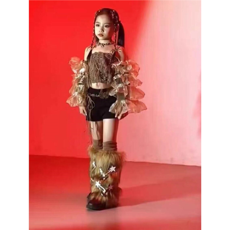 美式复古毛毛腿套棕咖撞色保暖星星牛角扣皮草毛绒小腿袜套