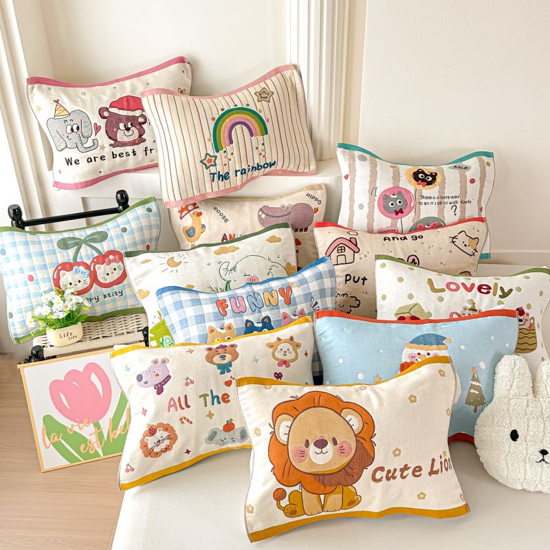 全棉卡通可爱儿童纯棉纱布枕巾柔软亲肤防滑枕头垫巾一对装枕芯垫