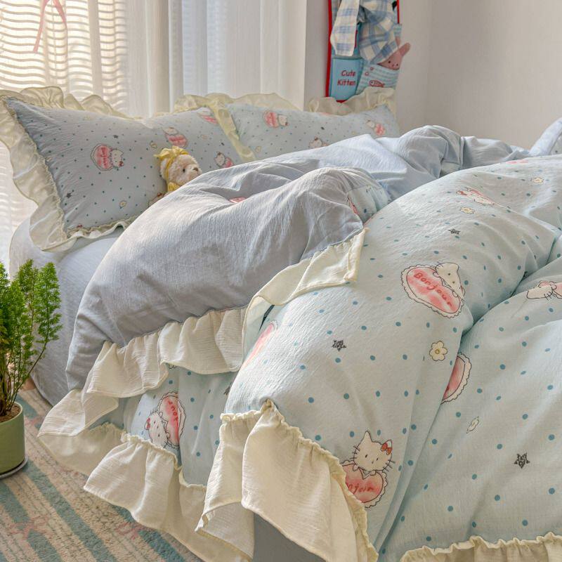 春夏新款双层纱卡通韩版公主风四件套学生宿舍三件套床被套床笠款