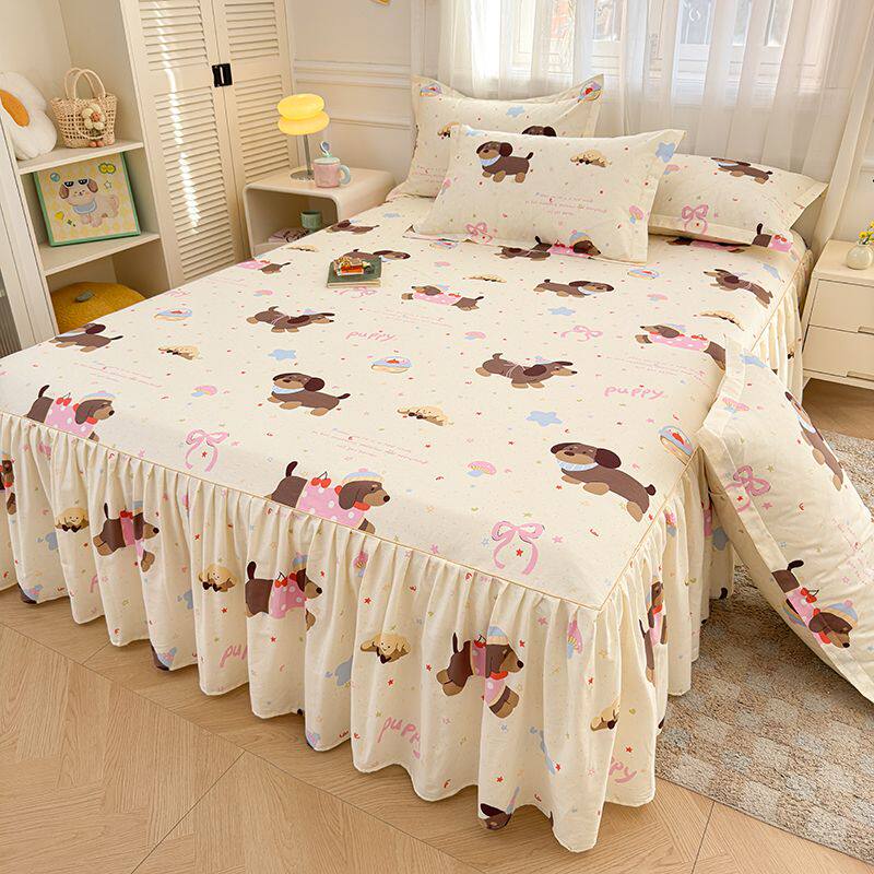 卡通全棉床裙款纯棉床罩单件可爱风床单带裙边遮丑下摆床裙三件套