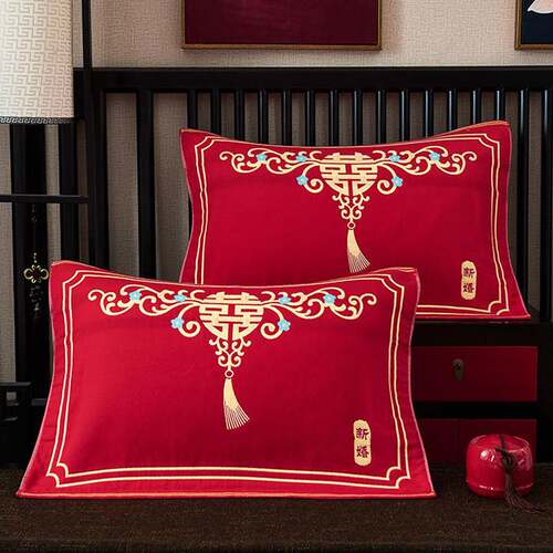 大红婚庆全棉枕巾一对