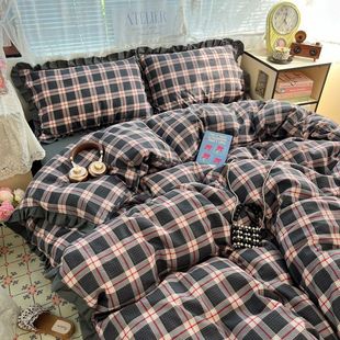 小清新双层纱印花床上四件套床单床笠款 被套三件套 学生宿舍花边款