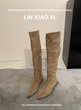 美拉德尖头平底显瘦过膝长筒靴