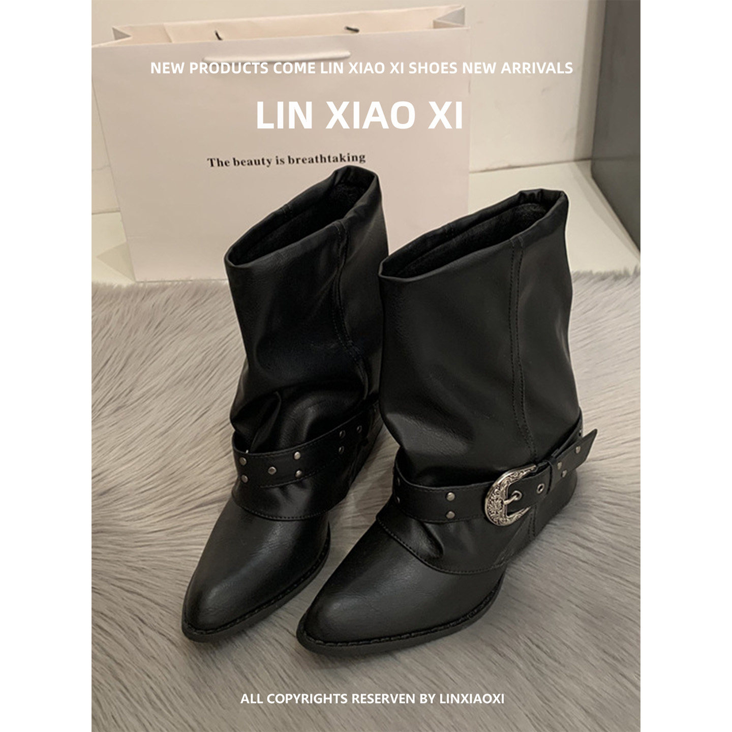 黑色复古西部牛仔女中筒靴铆钉