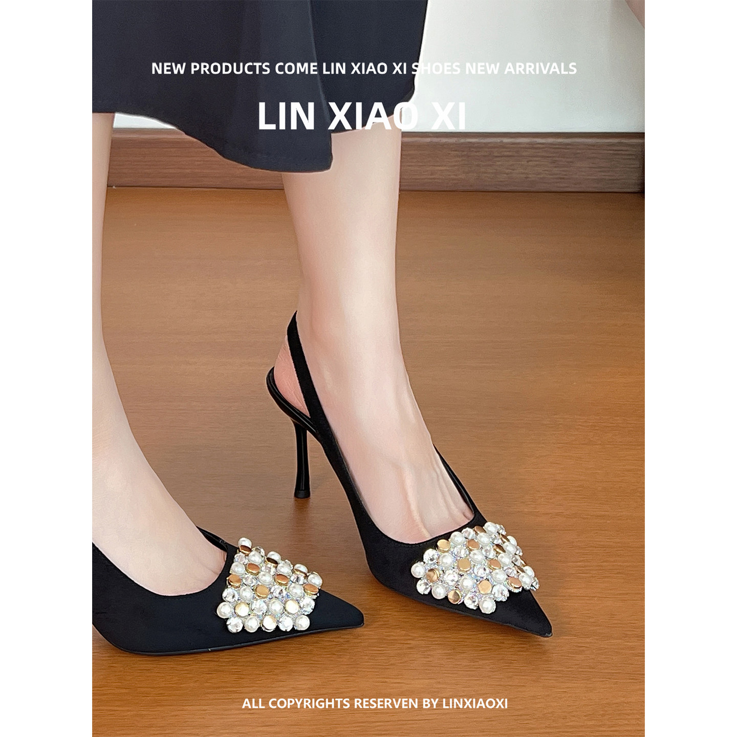 法式绝美黑色高跟鞋女夏配裙子细跟尖头不累脚珍珠包头凉鞋女外穿