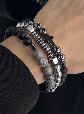 复古黑胆石男生串珠手链男款潮牌个性男士手串嘻哈十字架手饰饰品