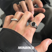 椭圆形钛钢戒指男女ins冷淡风不掉色欧美嘻哈小众黑色指环男士 潮