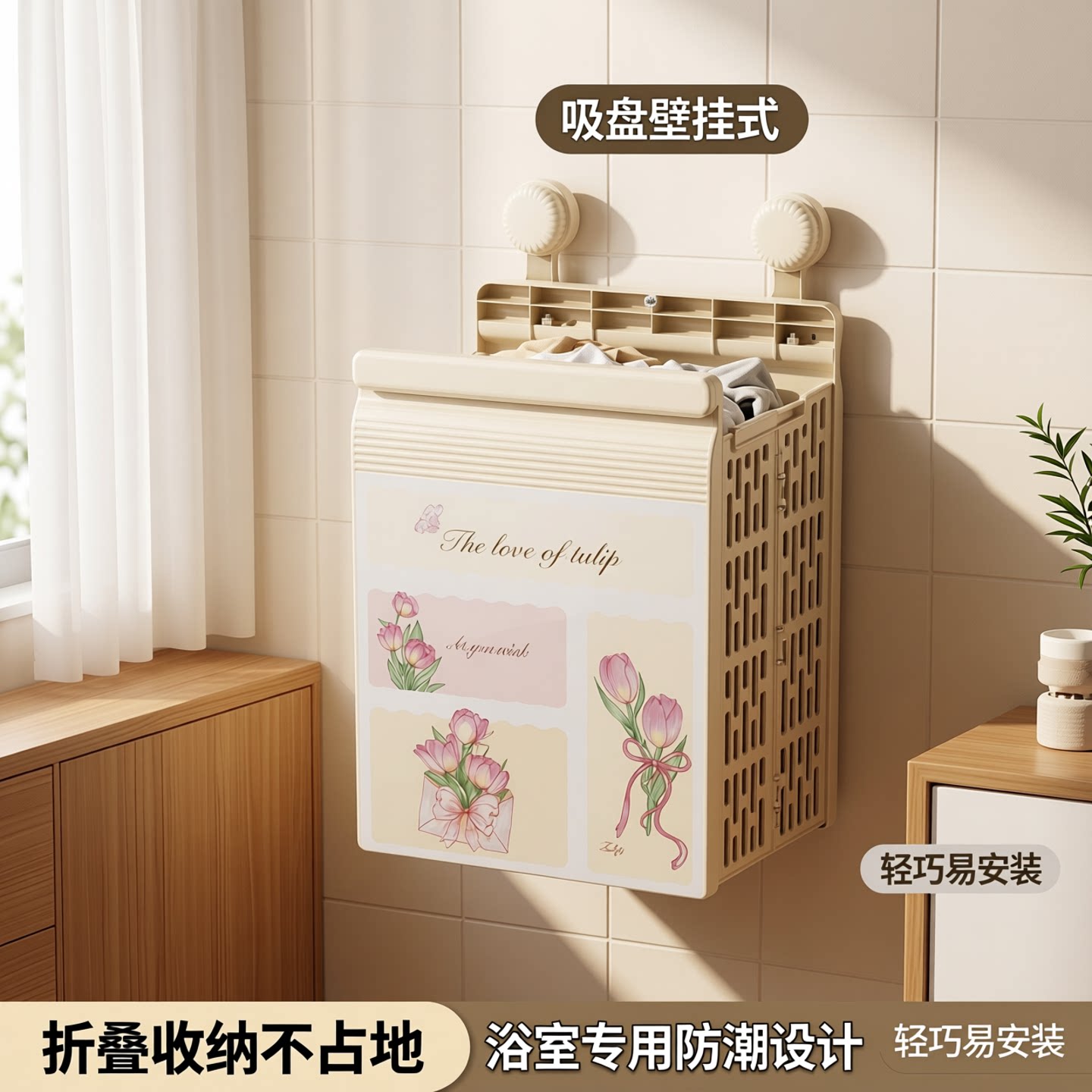 吸盘新款脏衣篮浴室壁画折叠脏衣篮收纳筐洗澡放衣服神器壁挂式图片