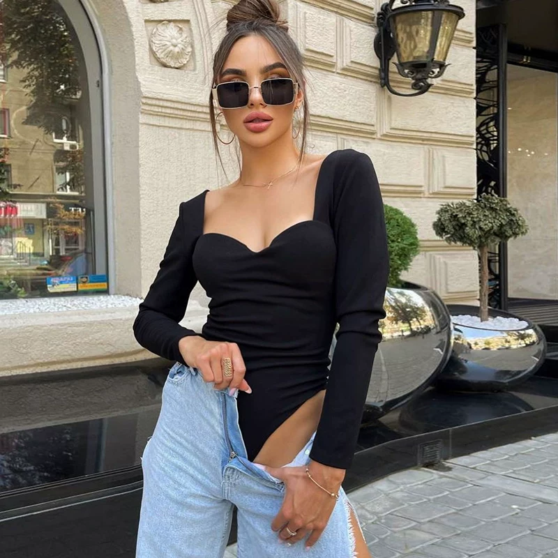 Ретро-ко длинный рукав футболка американский стильSlim fit квадратное décolleté