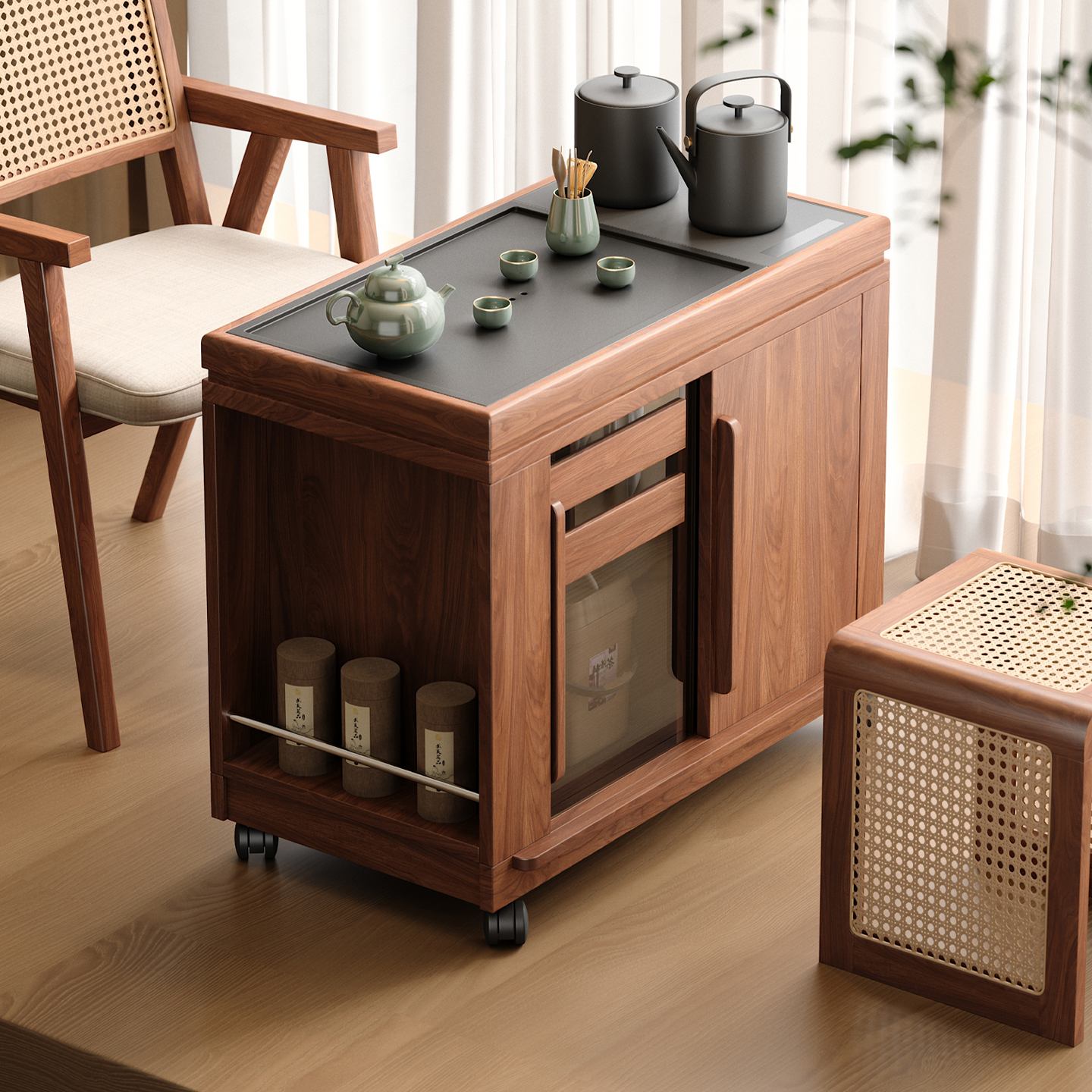 木小咖 木作实木可移动茶桌客厅茶水柜带煮茶小户型阳台茶台茶几
